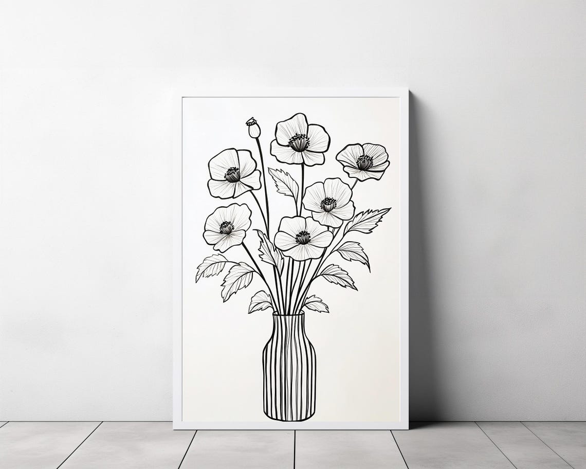Black and White Poppy Line Drawing in a Tall Striped Vase Poster - Image 3