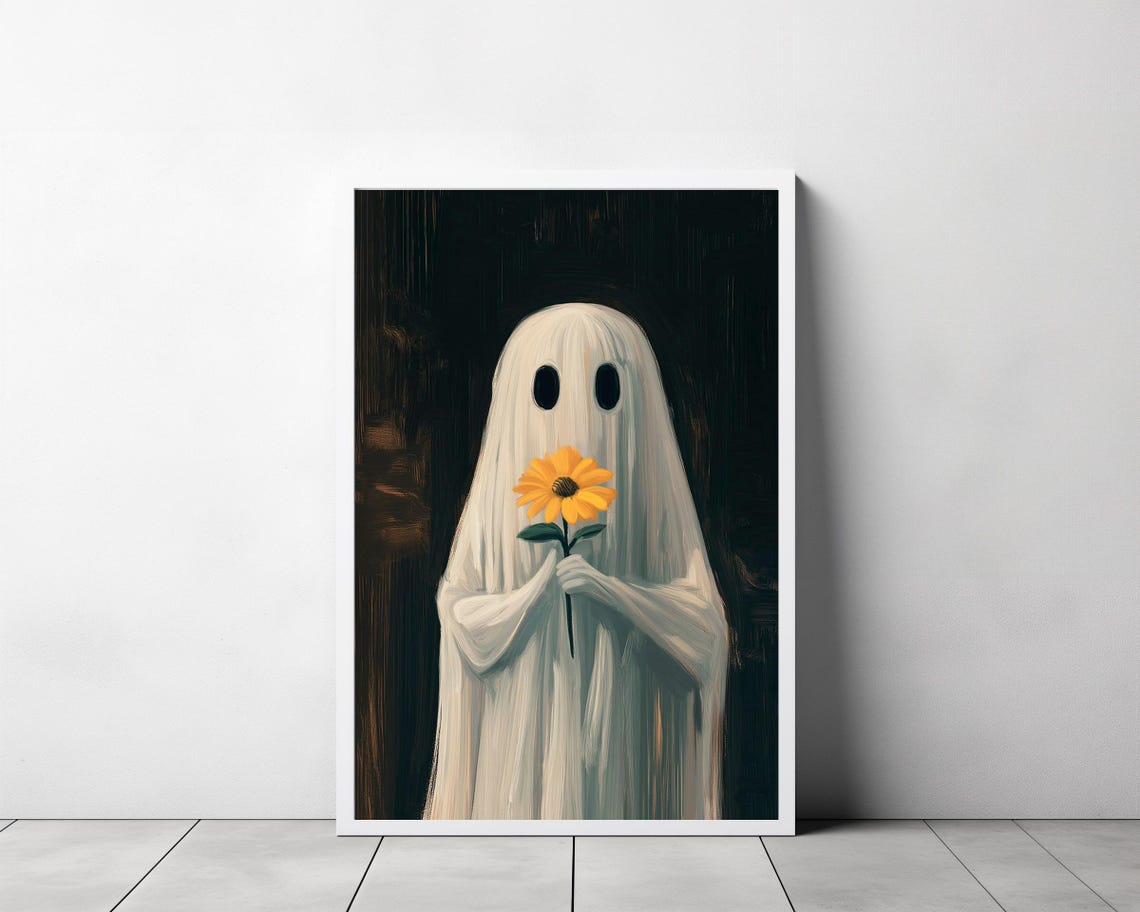 Sheet Ghost Holding a Yellow Daisy Flower Dark Spooky Art Poster - Image 3