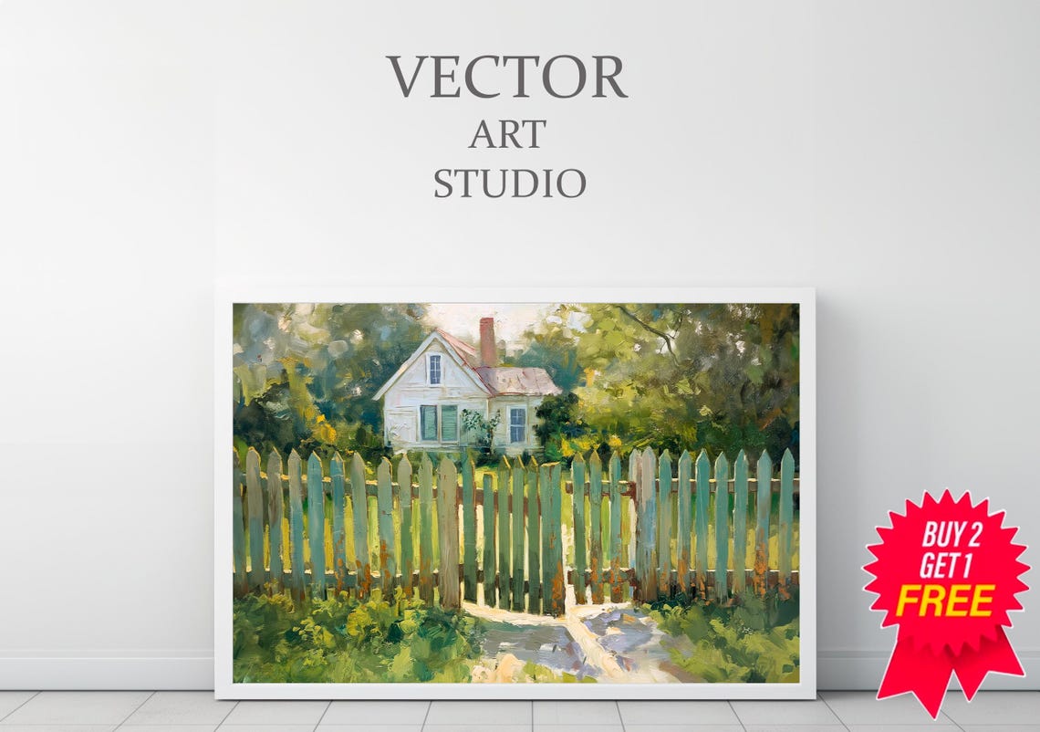 White Farmhouse Behind Picket Fence Sunny Countryside Art Poster - Image 3