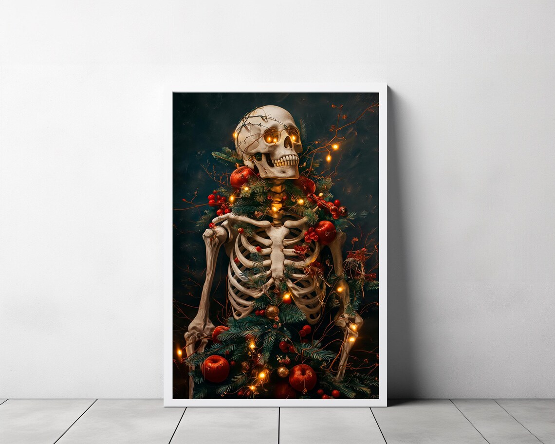 Skeleton Wrapped In Christmas Garland Lights Ornaments Dark Art Poster - Image 3