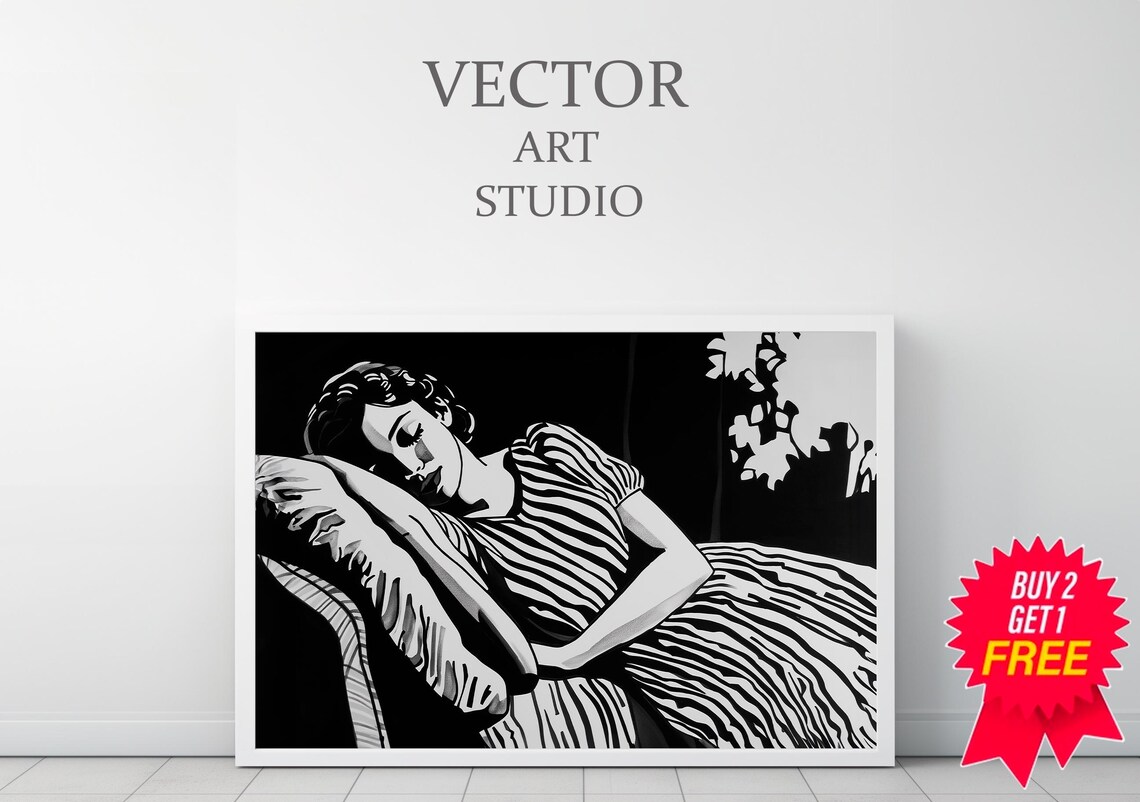 Woman Resting on Striped Sofa Classic Black and White Decorative Art Poster - Image 3