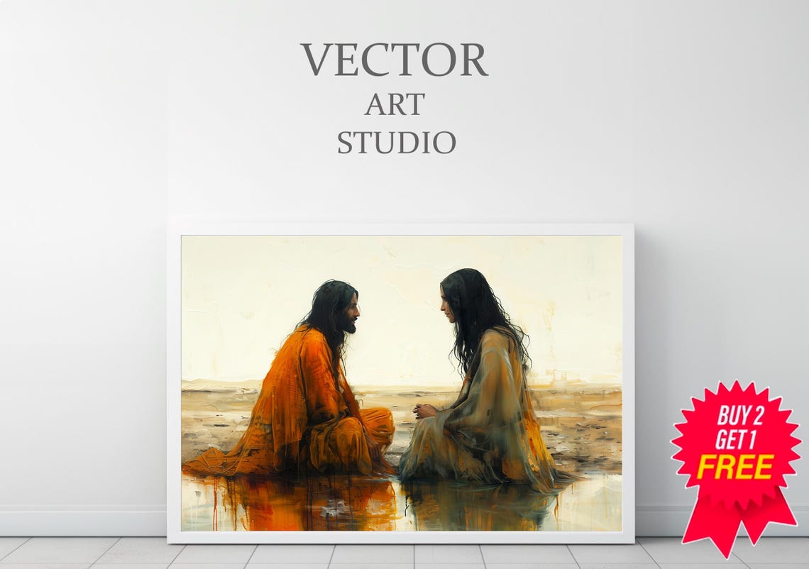 Jesus and Samaritan Woman Kneeling by Water Christian Poster - Image 3