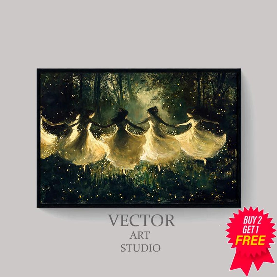 Five Fairies Circle Dance in a Firefly Forest Night Scene Poster - Image 4