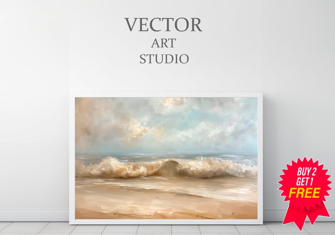 Ocean Waves Crashing On A Sandy Beach Vintage Neutral Seascape Poster - Image 3
