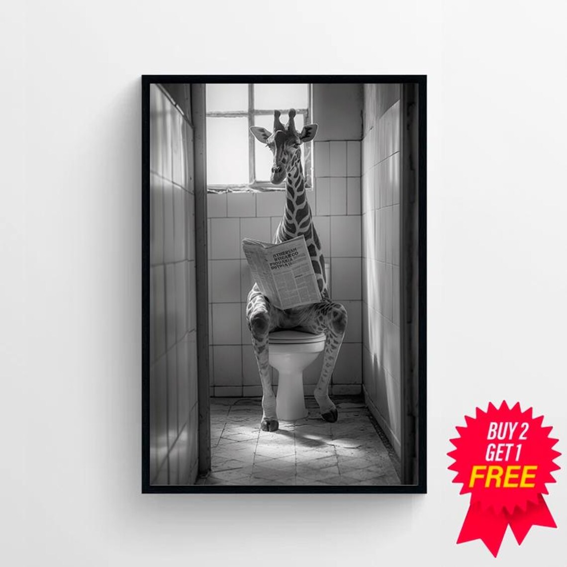 Giraffe Reading The Newspaper On The Toilet Humorous B&W Poster - Image 4