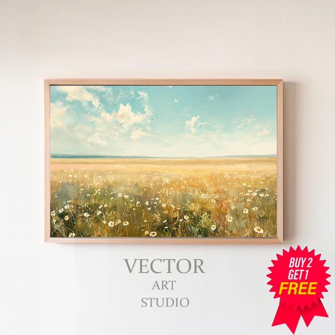 Impressionist Daisy Meadow Under Turquoise Sky Vintage Poster