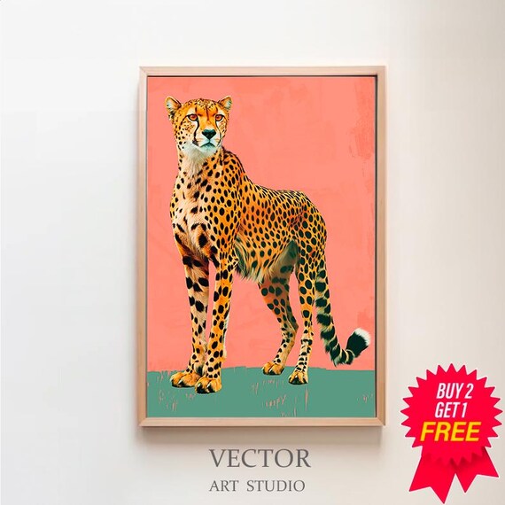 Cheetah Standing On Coral And Green Bold Pop Art Portrait Poster
