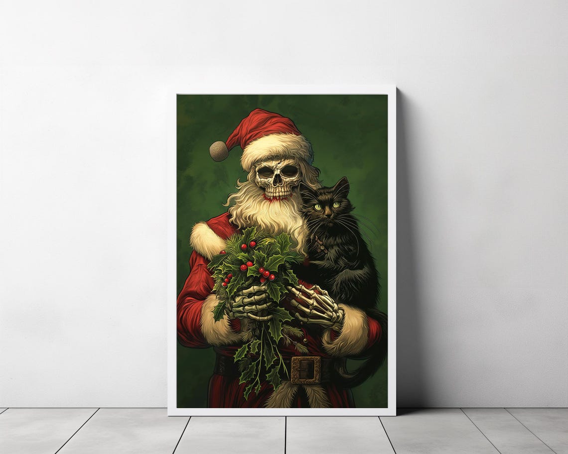 Illustrated Skeleton Santa Holding Holly Wreath And Black Cat Poster - Image 3