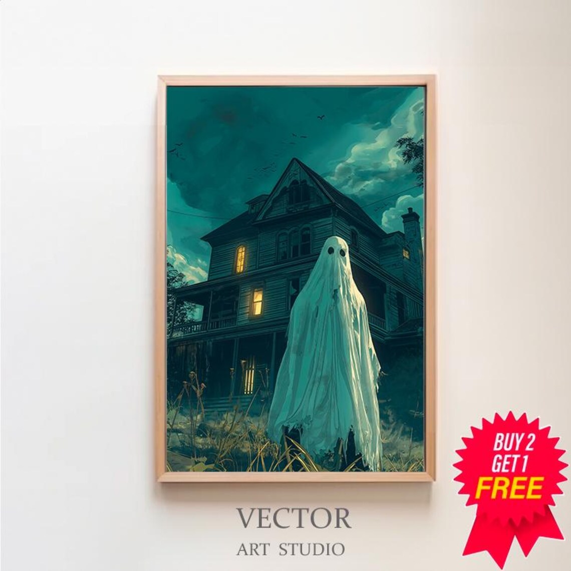 Ghost In Front Of Haunted Mansion At Night Spooky Halloween Poster