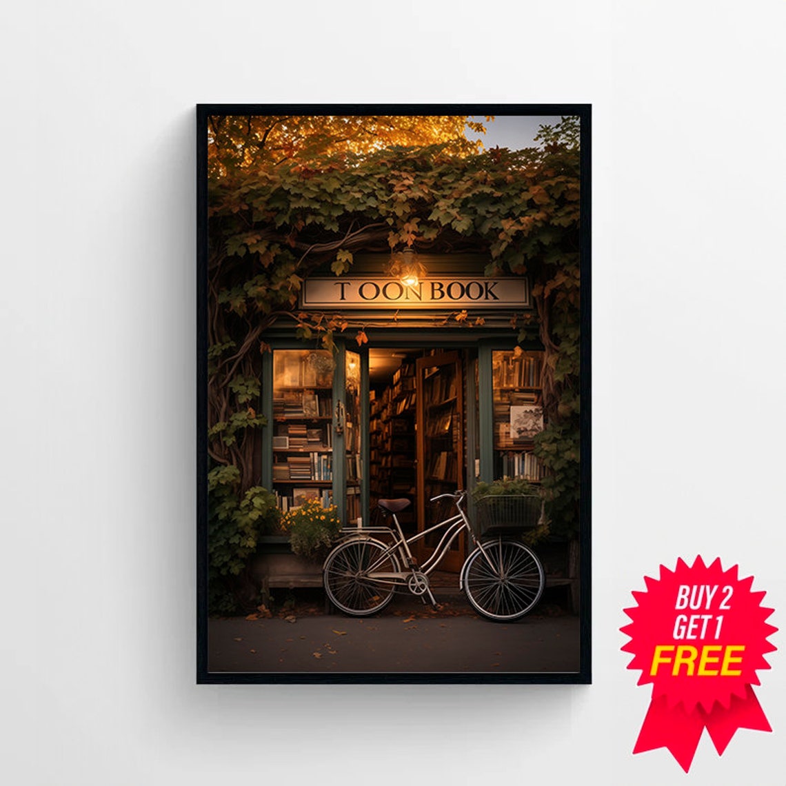 Ivy-Covered Bookshop Storefront Bicycle Autumn Evening Art Poster - Image 4