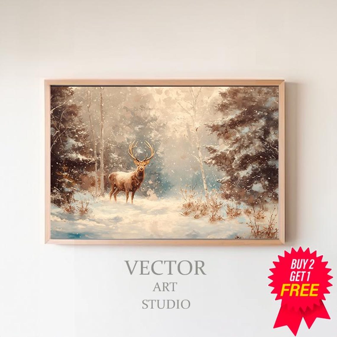 Front Facing Stag In Snowy Pine Forest Winter Day Scene Poster