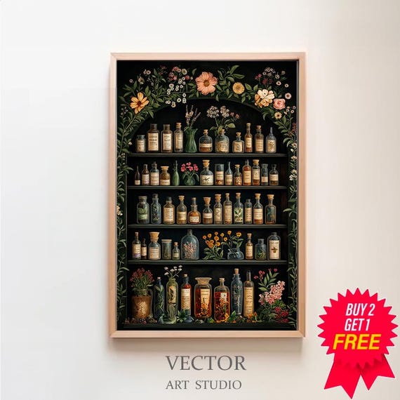 Witch Apothecary Moody Dark Botanical Vintage Goth Cottagecore Dark Floral Witch Kitchen Wall Art Decor Dark Academia Print