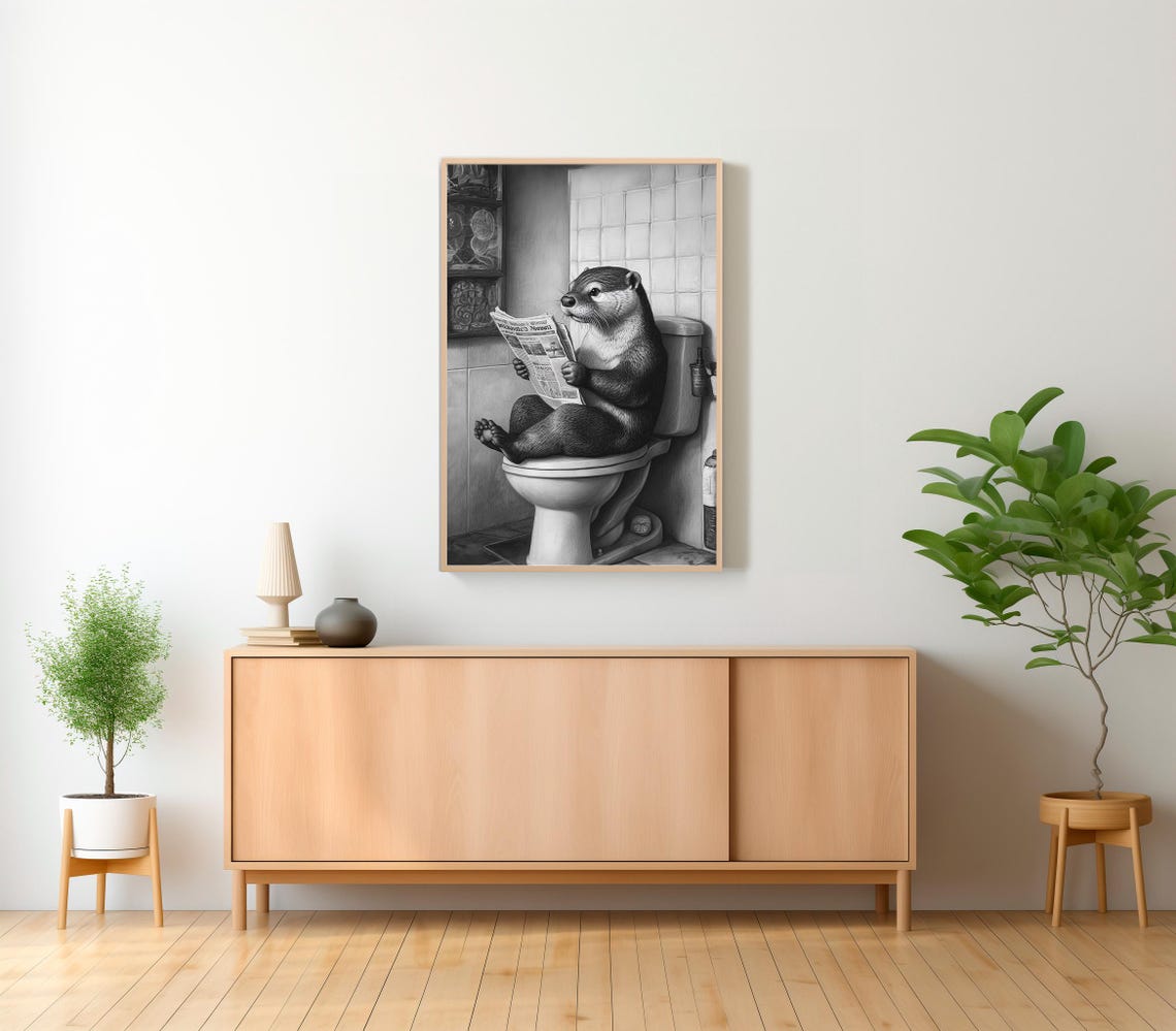 Funny Otter Reading Newspaper On Toilet Humorous Bathroom Poster - Image 2