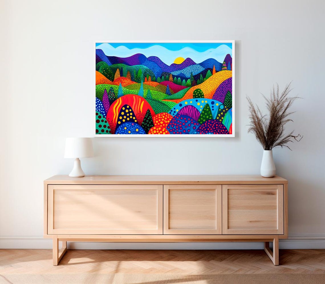 Colorful Dotted Mountains Dot Painting Style Landscape Poster - Image 2