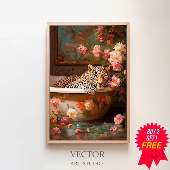 Leopard Relaxing in a Floral Bathtub with Pink Peonies Animal Poster