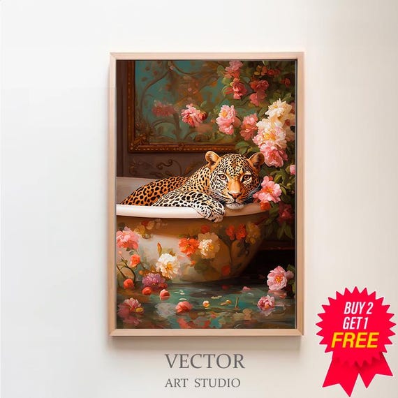 Wall Art Leopard In A Bathtub Maximalist Oil Painting Colorful Trendy Kitsch Bathroom Print Vivid Bold Dopamine Animal Picture