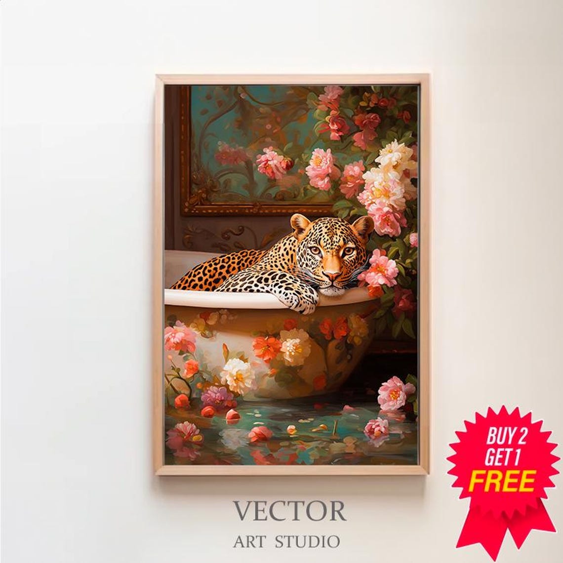 Leopard Relaxing in a Floral Bathtub with Pink Peonies Animal Poster