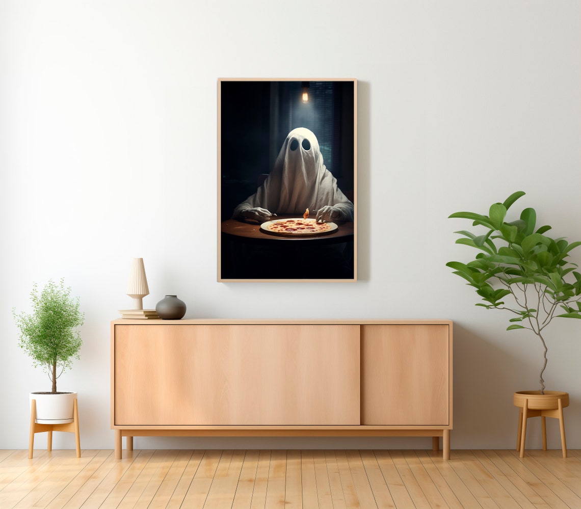 Ghost Eating Pepperoni Pizza Under Hanging Light Spooky Poster - Image 2