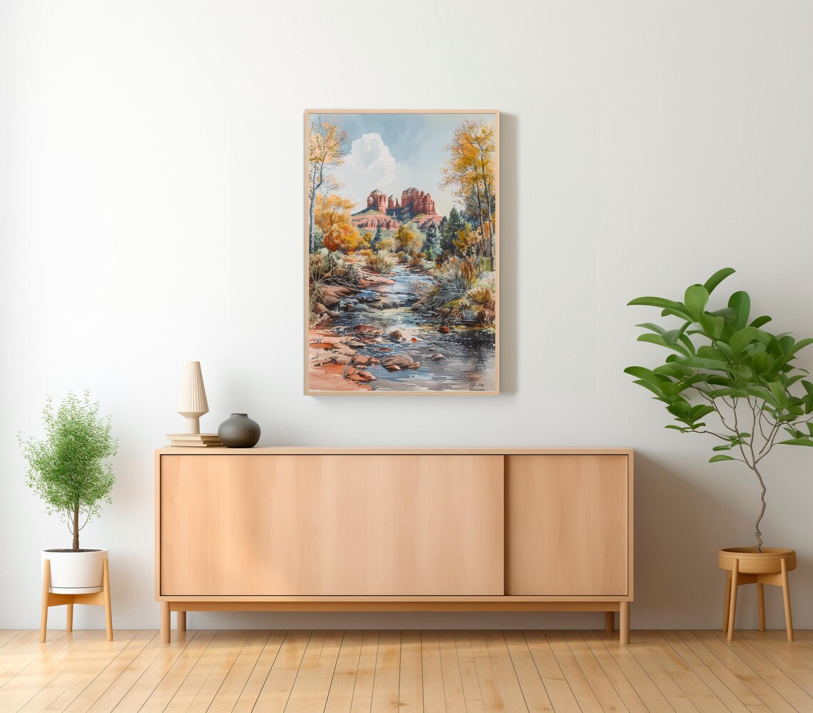 Sedona Red Rocks Creek Autumn Cottonwoods Watercolor Landscape Poster - Image 2