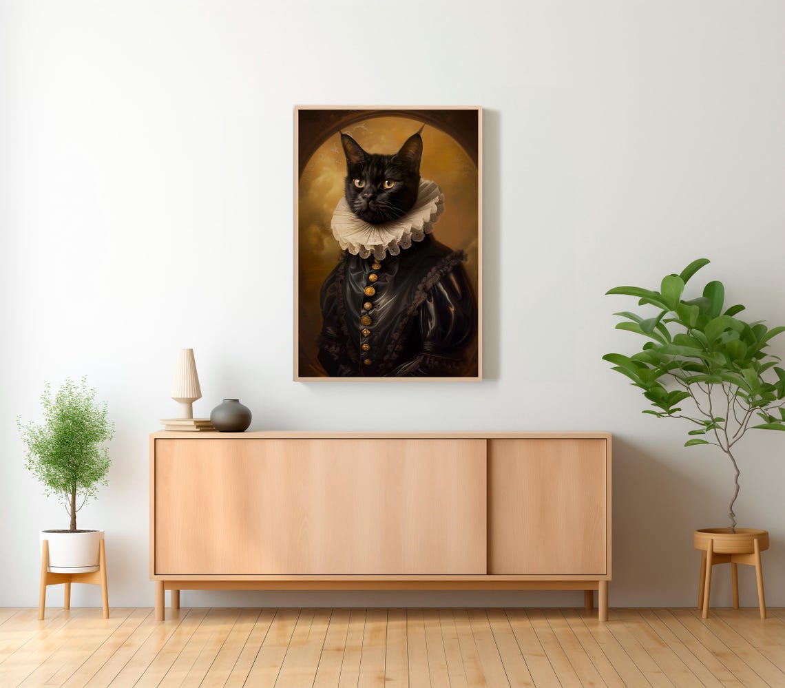 Regal Black Cat Renaissance Ruff Collar Portrait Golden Art Poster - Image 2