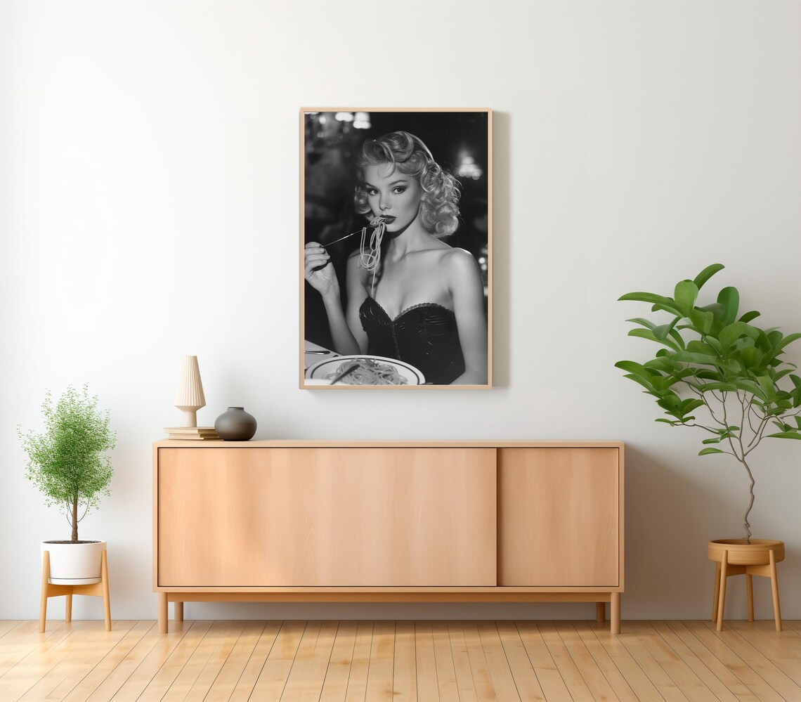 Black And White Woman Eating Spaghetti Vintage Italian Photo Poster - Image 2