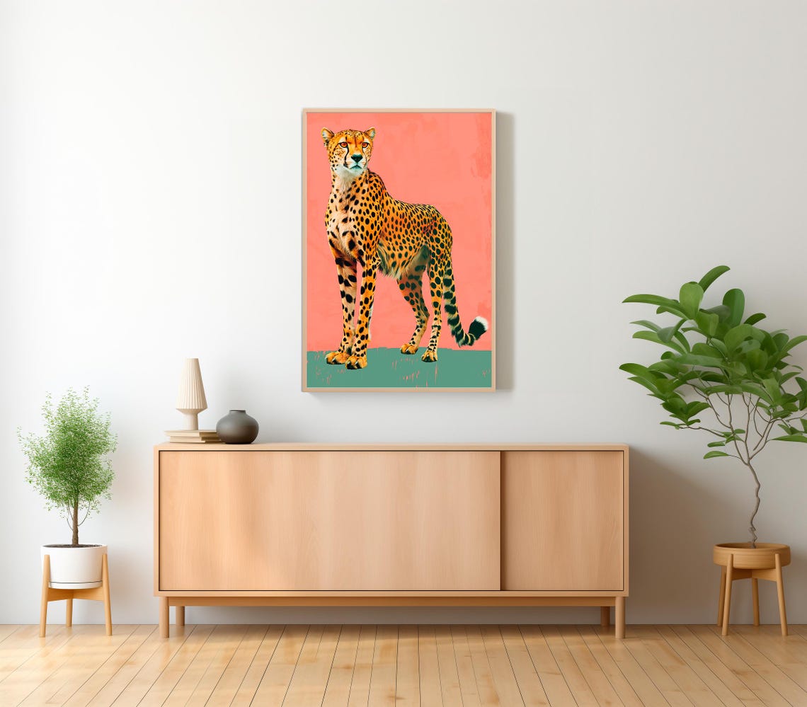 Cheetah Standing On Coral And Green Bold Pop Art Portrait Poster - Image 2