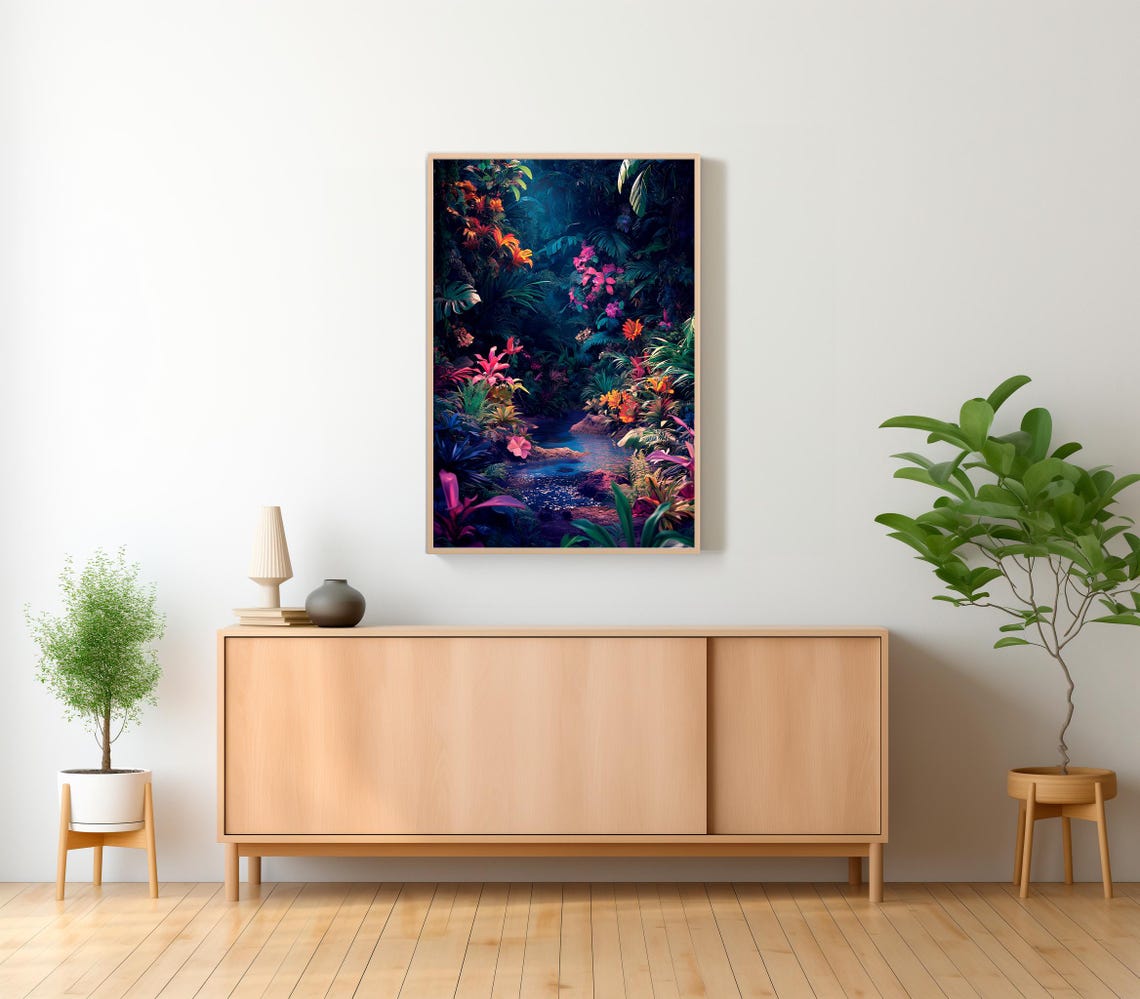 Dark Tropical Jungle Waterfall Stream with Exotic Flowers Poster - Image 2