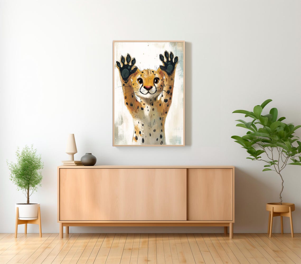 Happy Cheetah Cub with Paws Raised Watercolor Nursery Poster - Image 2