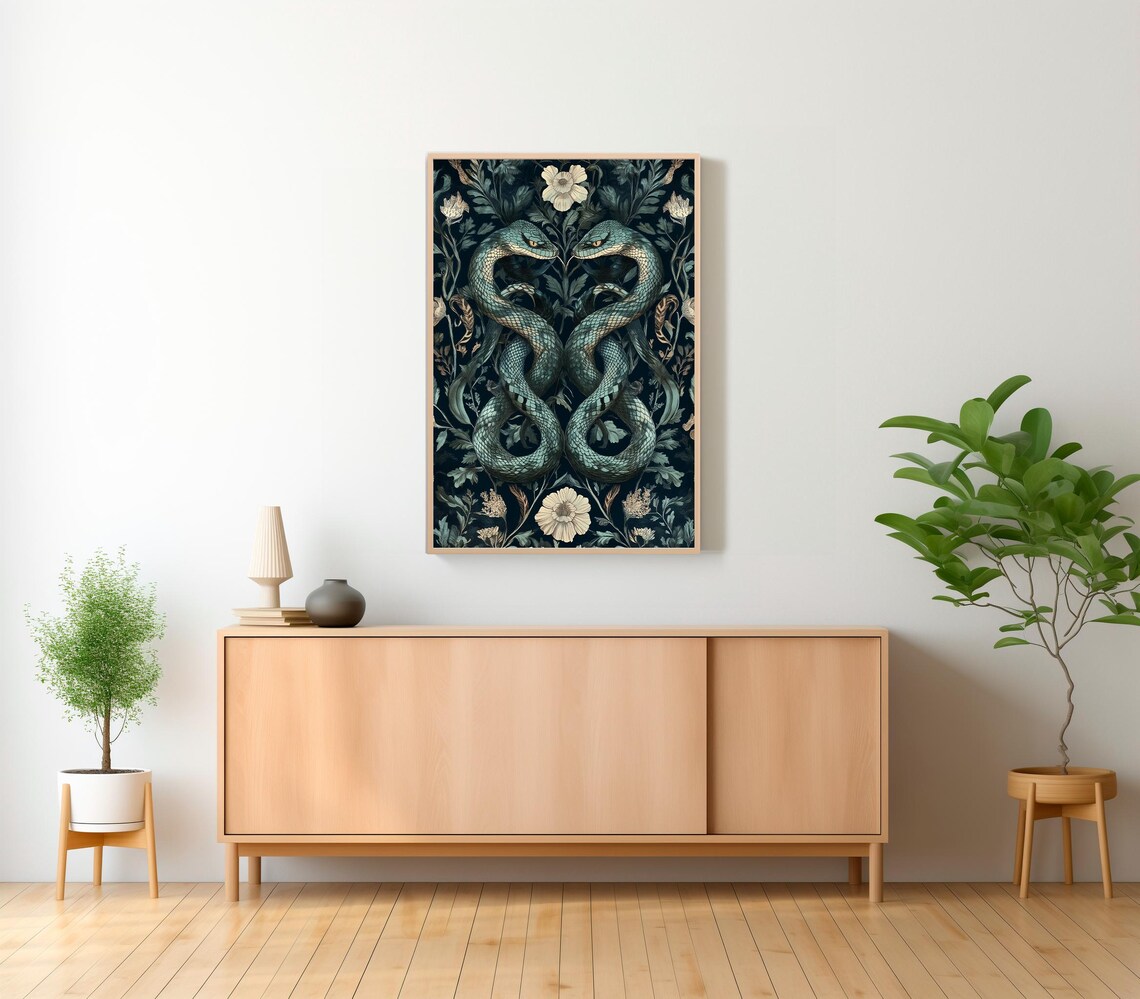 Mirrored Pair Of Green Snakes Dark Botanical Damask Style Poster - Image 2