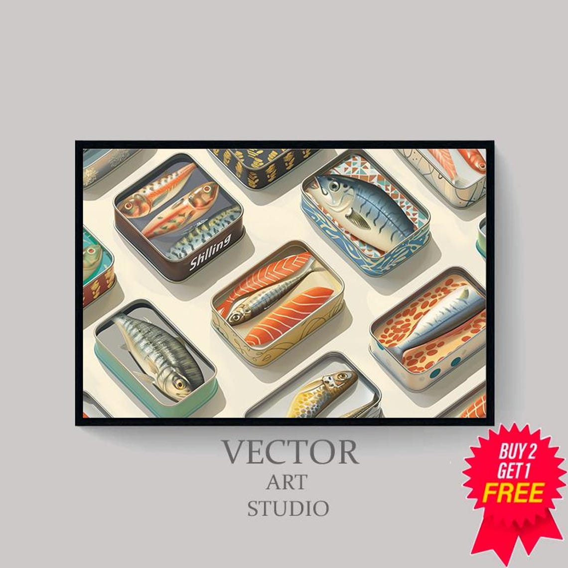 Vintage Sardine Tins Pattern Horizontal Retro Kitchen Decor Poster - Image 4