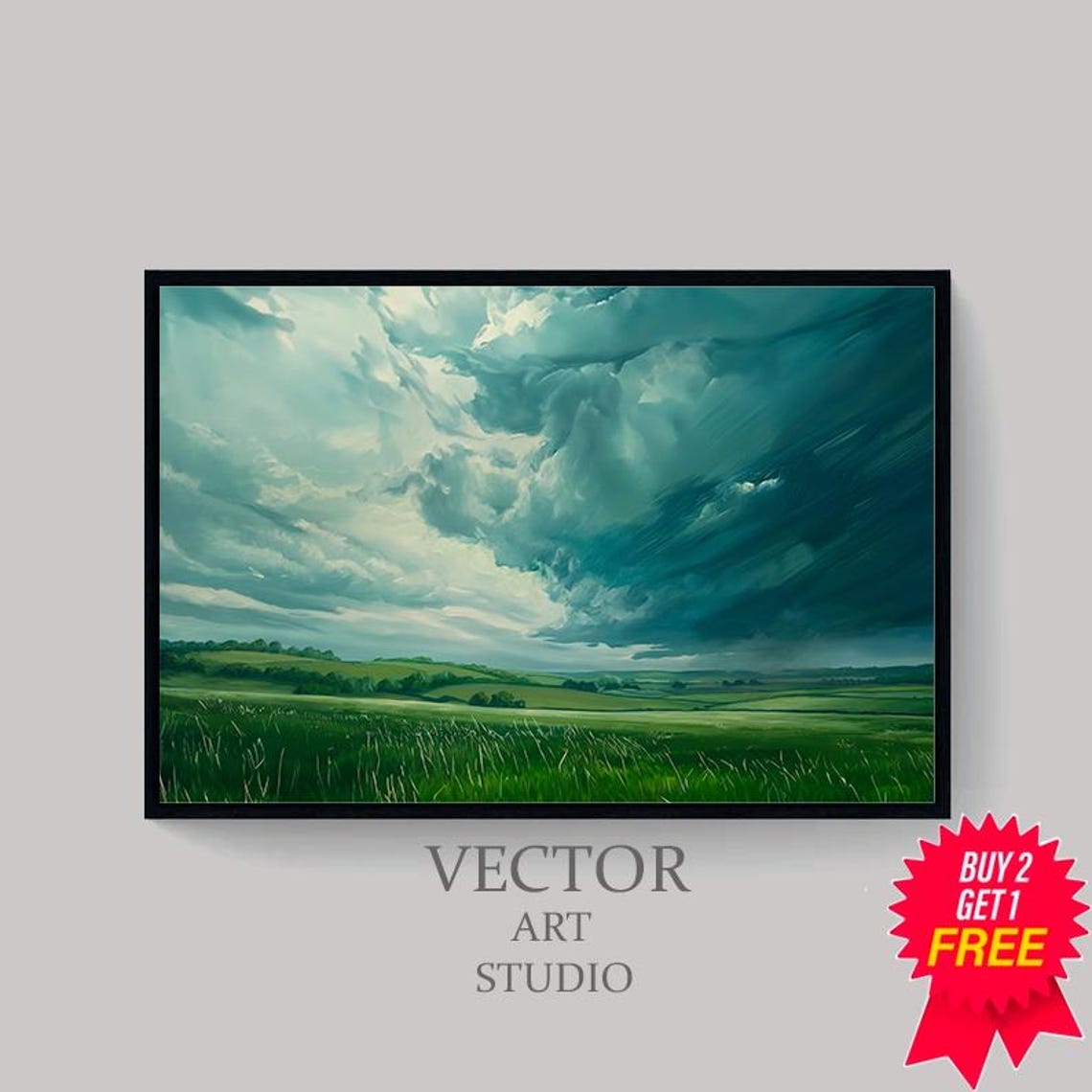 Storm Clouds Over Green Fields Dramatic Country Landscape Art Print - Image 4