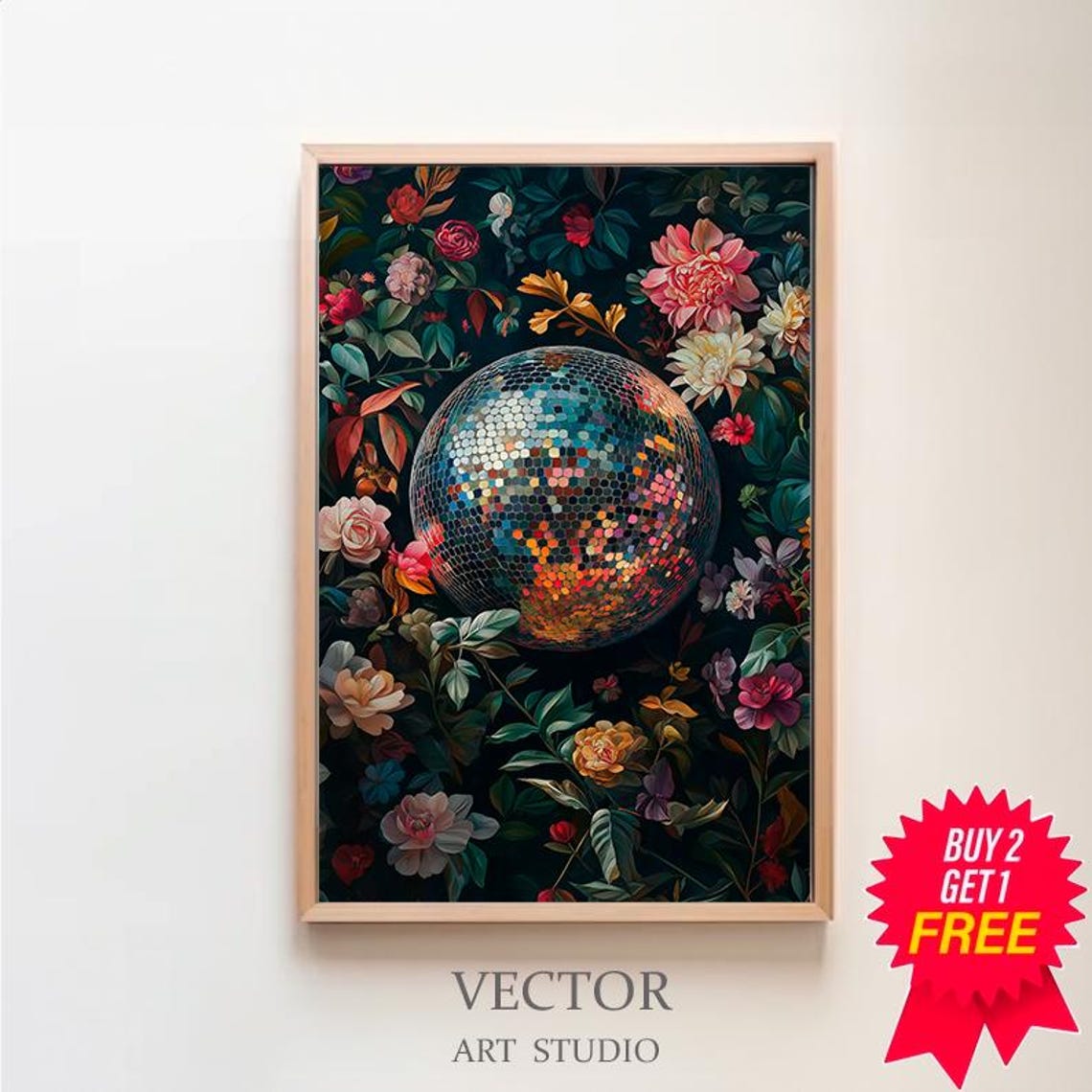 Vivid Wall Art Disco Ball Maximalist Painting Bold Eclectic Botanical Print Green Trendy Kitsch Poster Colorful Dopamine Decor