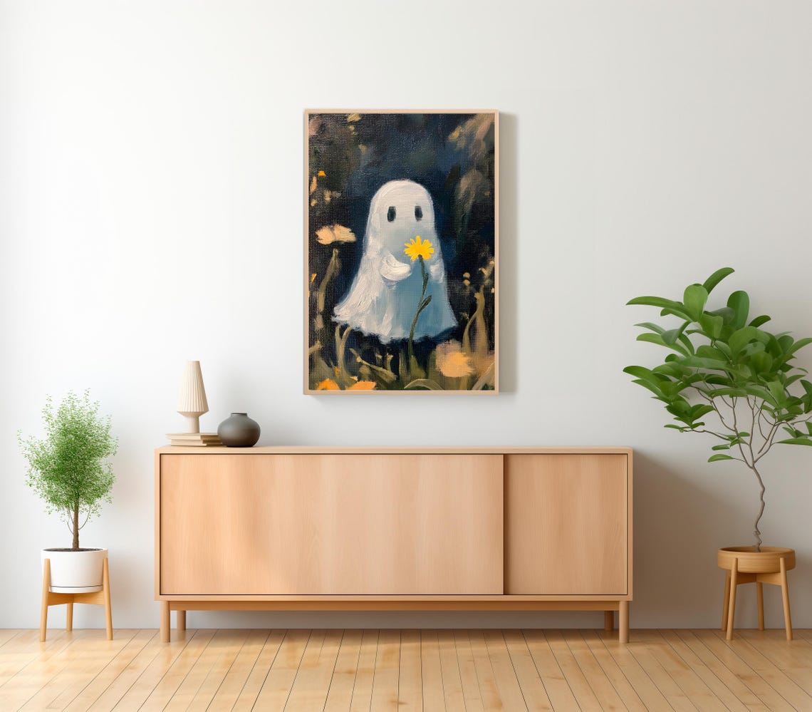 Tiny Ghost Holding a Daisy Among Wildflowers Dark Night Poster - Image 2