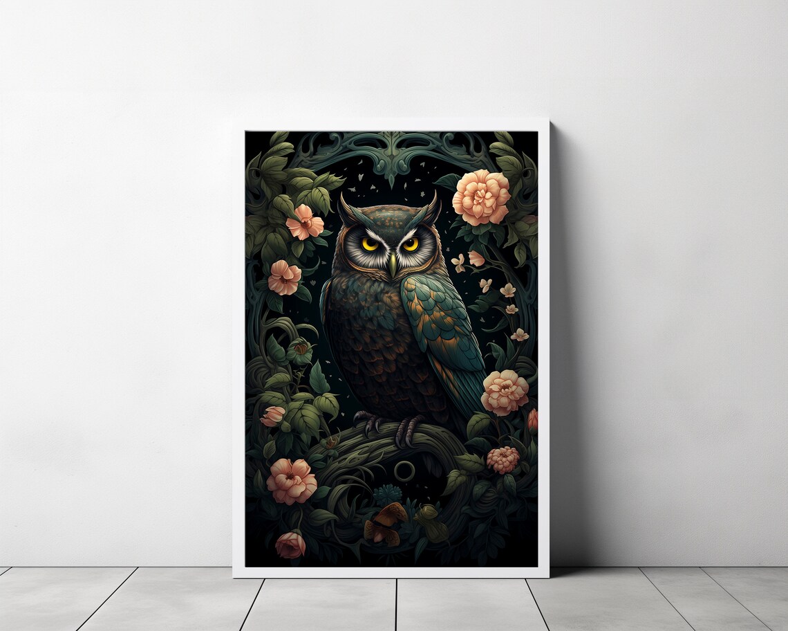 Wise Owl Yellow Eyes Floral Night Garden Botanical Art Poster - Image 3
