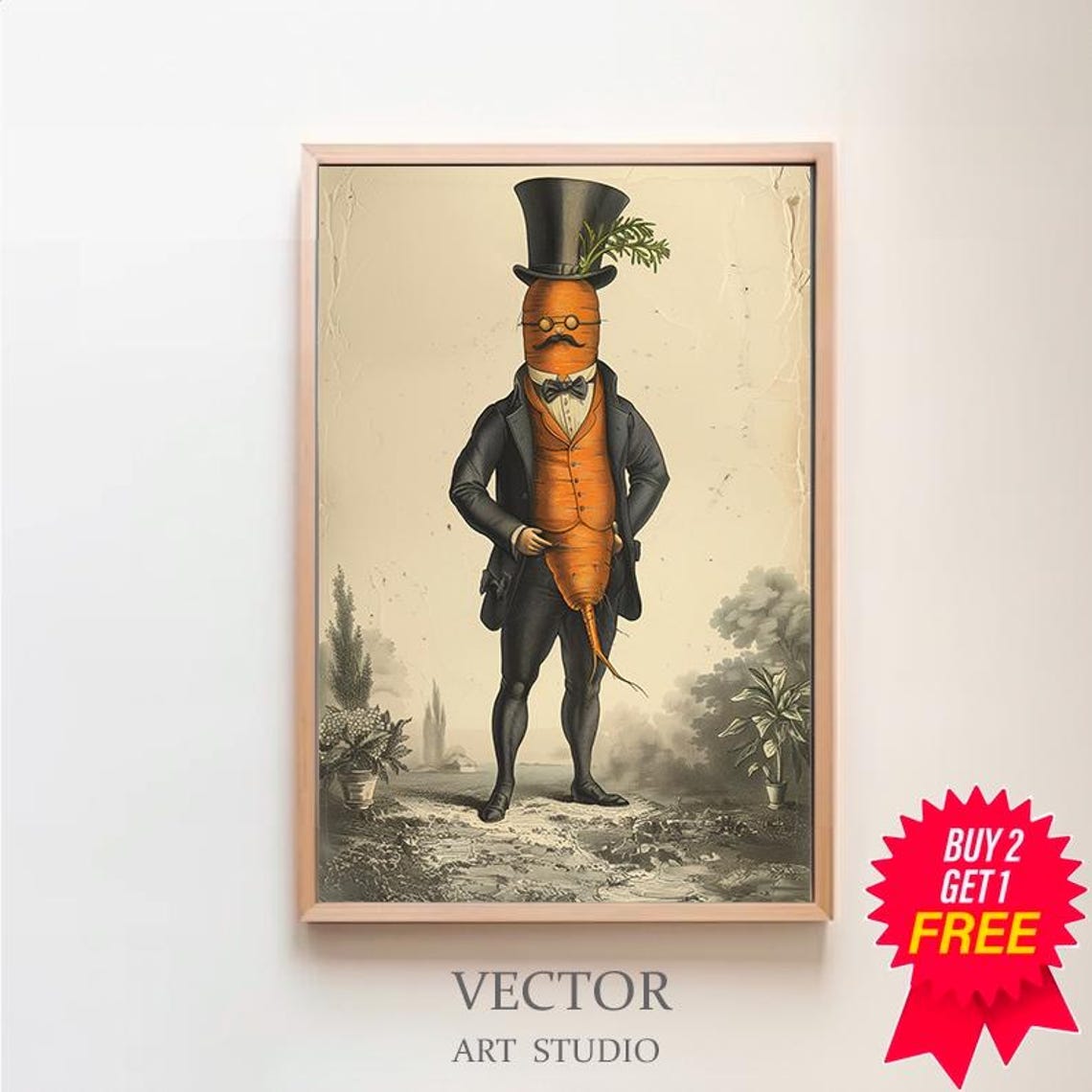 Dapper Carrot Gentleman Top Hat Vintage Humor Kitchen Poster