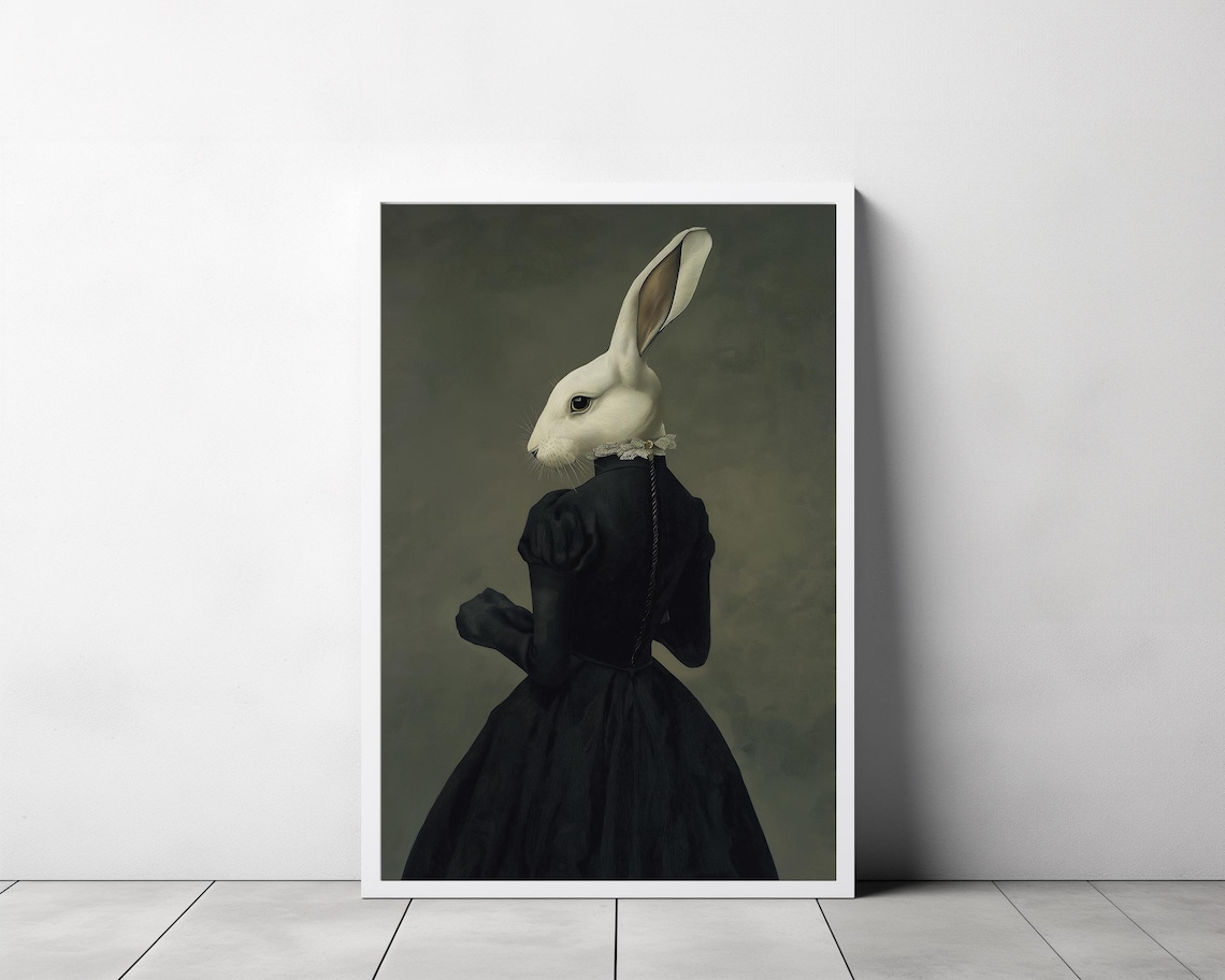 Victorian Lady Rabbit Portrait in Black Dress Gothic Painting Poster - Image 3