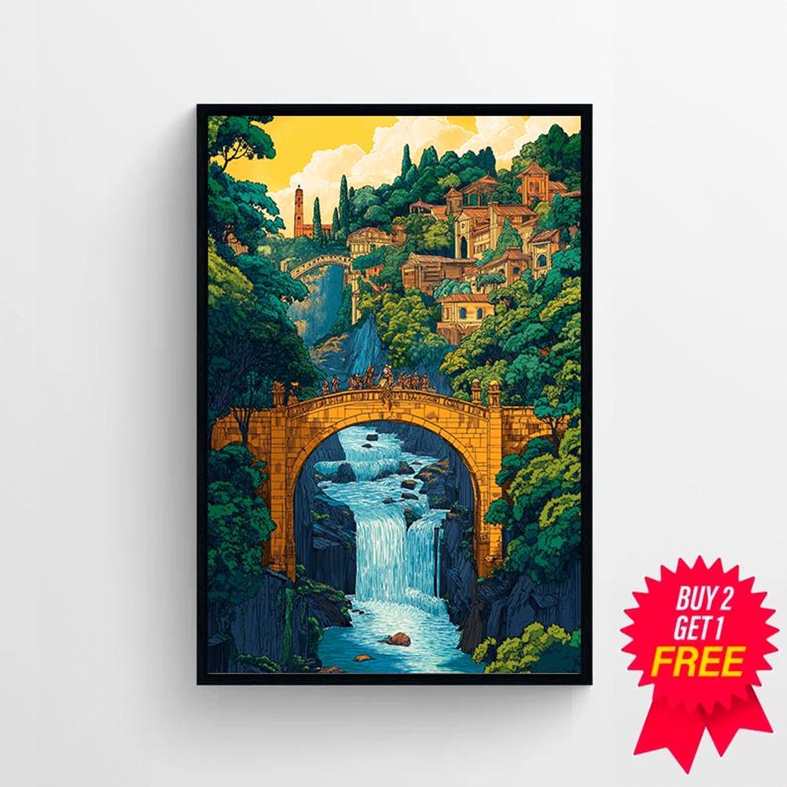 Fantasy Elven Stone Bridge Waterfall Village Landscape Poster - Image 4