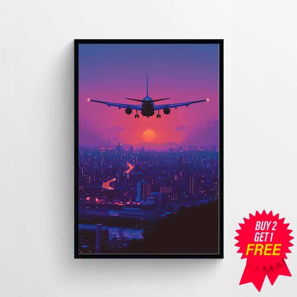 Airplane Over City Sunset Purple Sky Vaporwave Travel Poster - Image 4