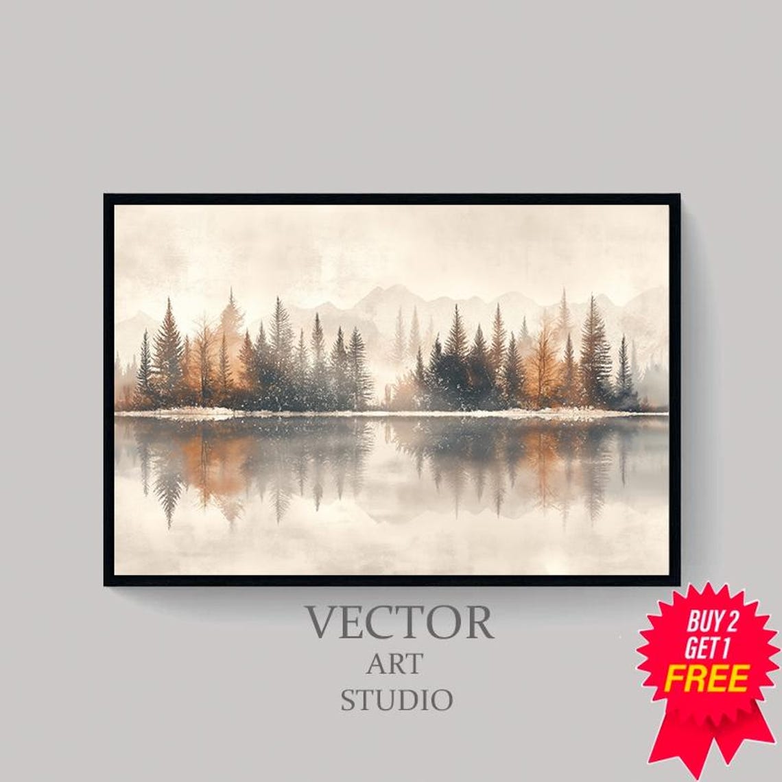 Misty Evergreen Forest Reflected in a Still Mountain Lake Art Poster - Image 4