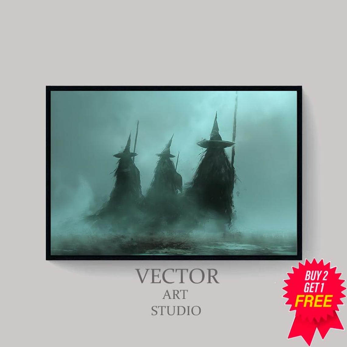 Three Witches Emerging From Teal Mist In A Moody Coven Poster - Image 4