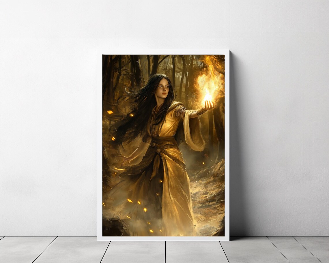 Fire Witch Sorceress Conjuring Golden Flames in Dark Forest Occult Art Poster - Image 3