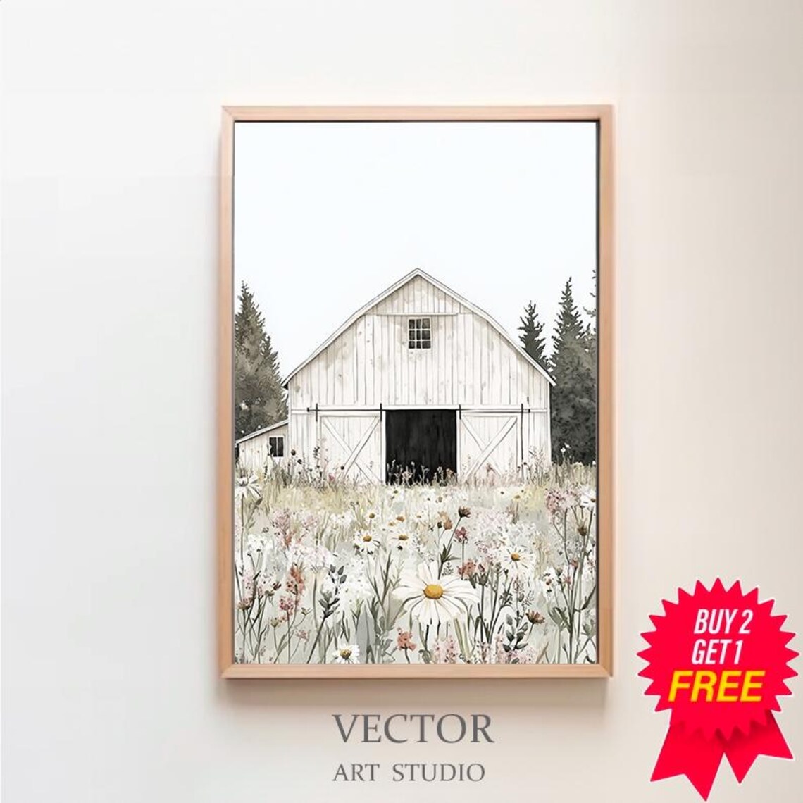 Rustic White Barn Art Print, Farmhouse Countryside