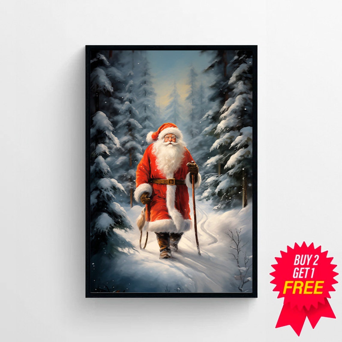 Smiling Santa Claus Strolling Through a Moonlit Snowy Forest Poster - Image 4