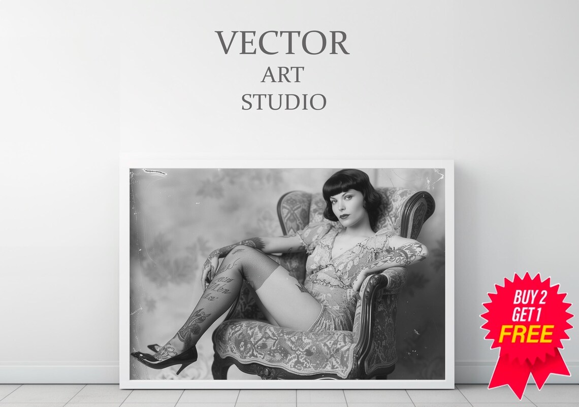 Tattooed Vintage Woman in Armchair Black and White Photo Poster - Image 3