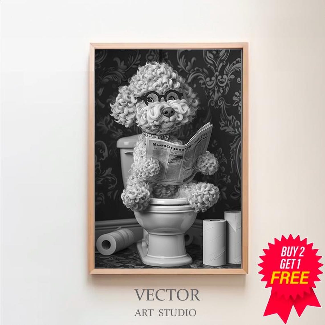 Funny Black and White Cockapoo Reading Newspaper on Toilet Poster