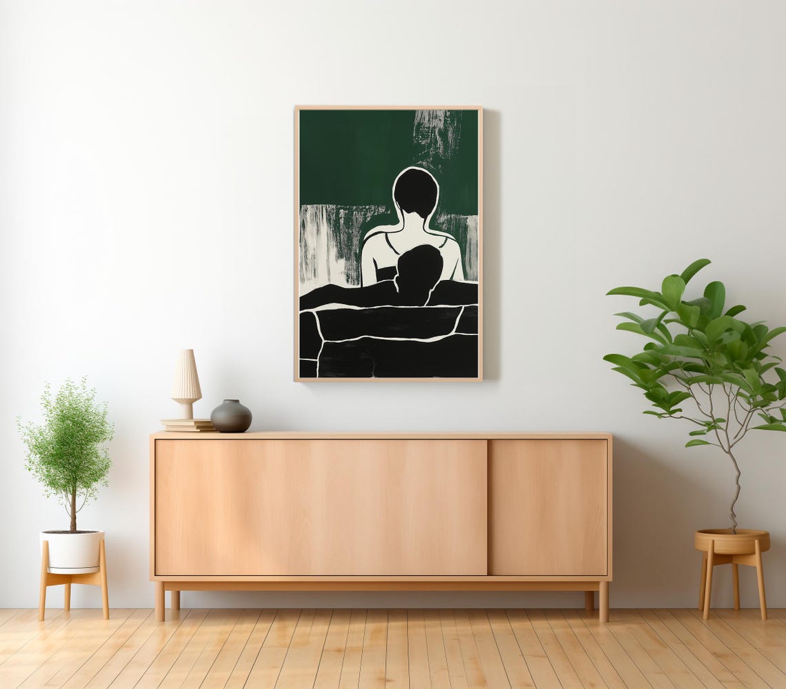 Abstract Black Silhouette Couple Reclining on Emerald Green Poster - Image 2