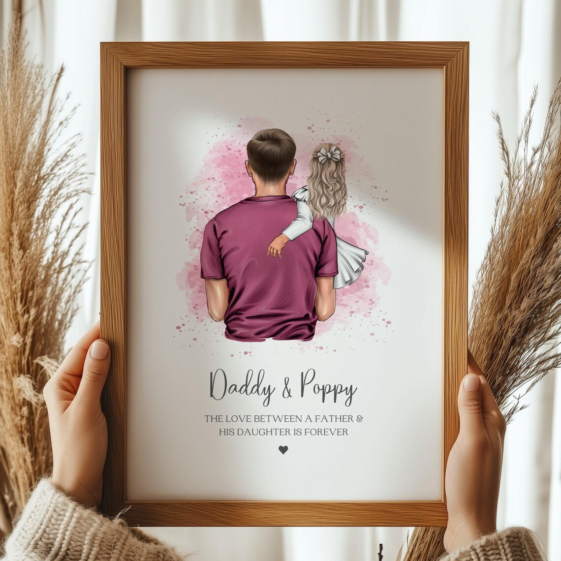 Personalised Daddy And Daughter Pink Watercolour Illustrated Print