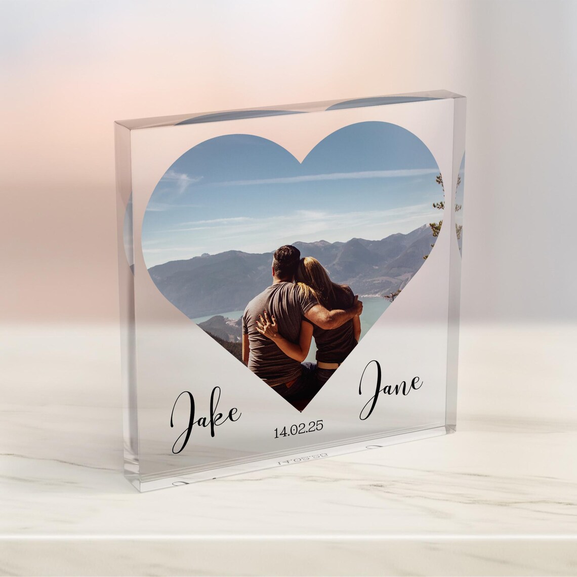 Personalised Couple Heart Photo Acrylic Block Print Mountain View
