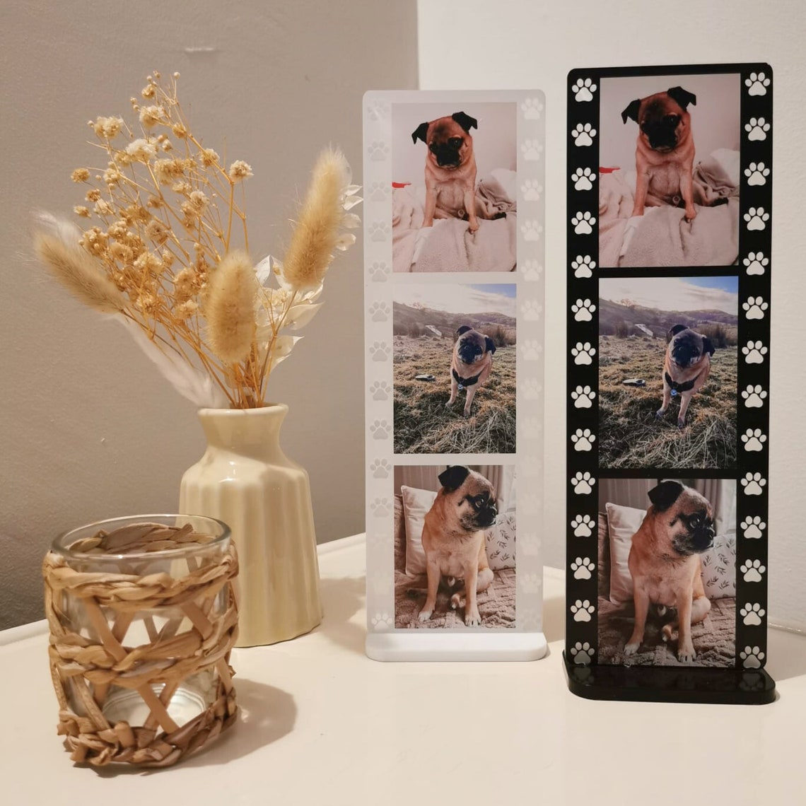 Personalised Pug Photo Strip Acrylic Plaque Print Paw Print Border
