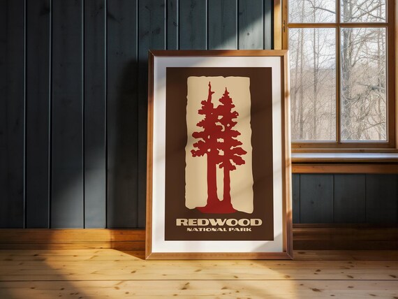Redwood National Park Minimalist Tree Silhouette Retro Wall Art